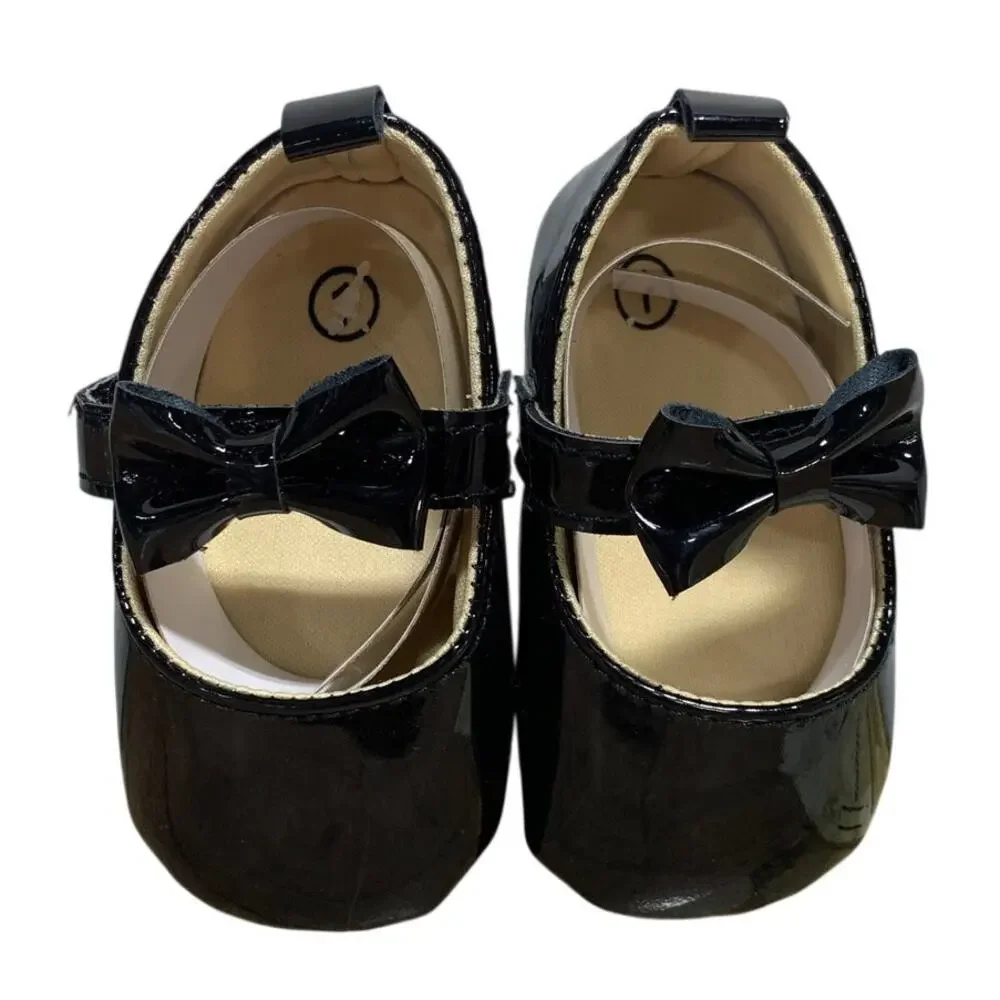 Newborn Baby Girls Size 1 Shiny Black Patent Leather Mary Jane Bow Infant Shoes